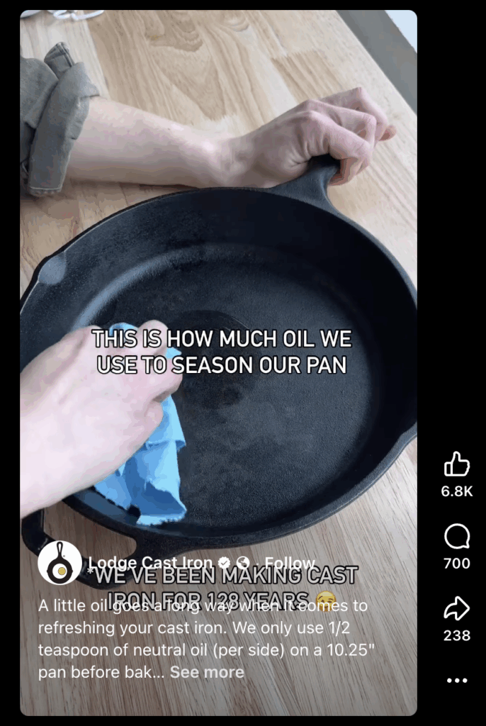 A Facebook Reel from Lodge Cast Iron which demonstrates how to season a pan