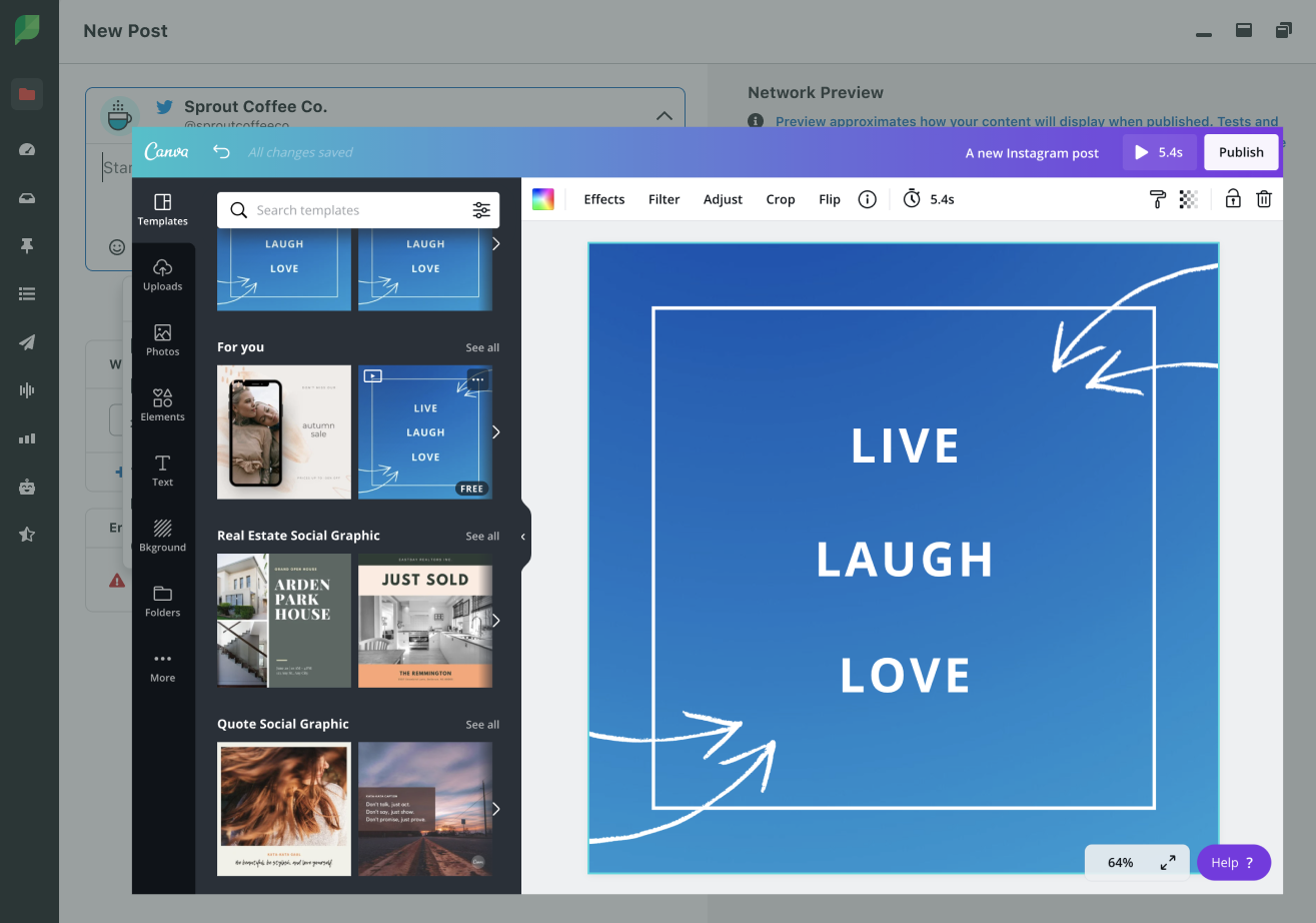 How to use canva for social media: select a new template screen in Canva Sprout Social integration