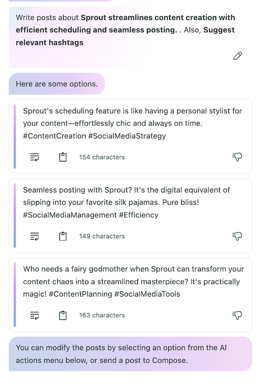 A screenshot of AI suggested posts and hashtags with different options from AI Assist.