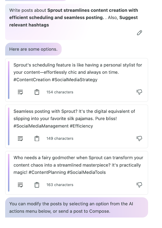 A screenshot of AI suggested posts and hashtags with different options from AI Assist.