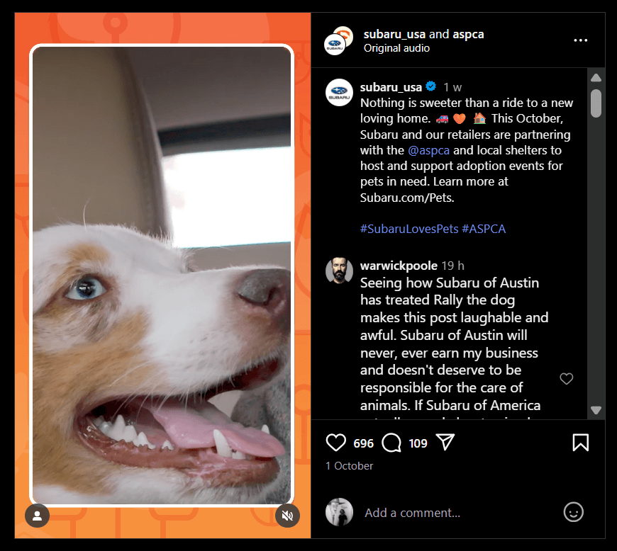  A collaborative Instagram post between Subaru and ASPCA 