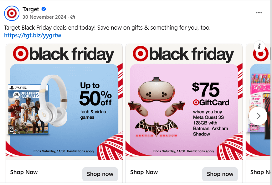 A Black Friday Facebook sales advert from Target 