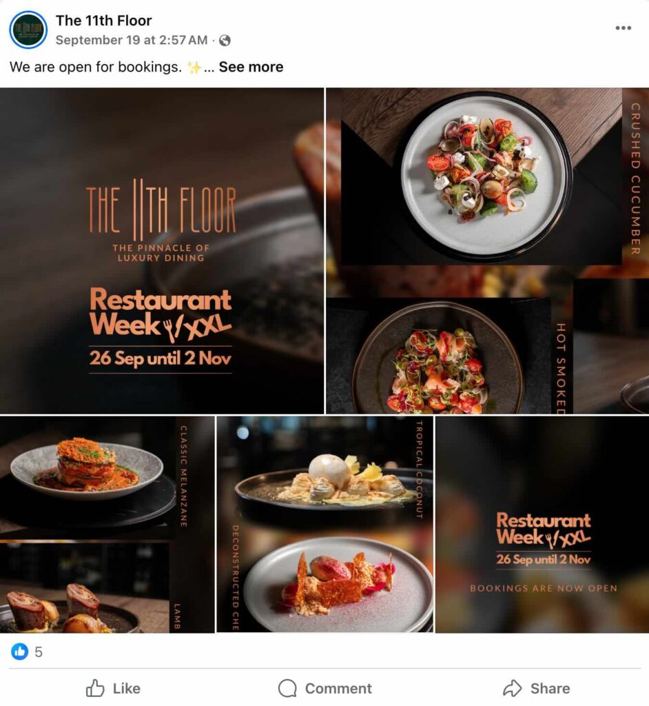A Facebook post from The 11th Floor announcing reservations are open for Restaurant Week and promoting its special menu.