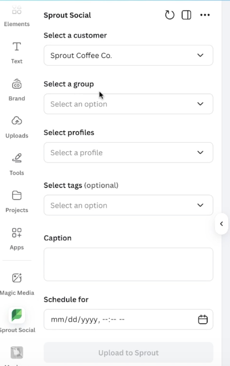 The “Upload to Sprout” screen in Canva Sprout Social integration