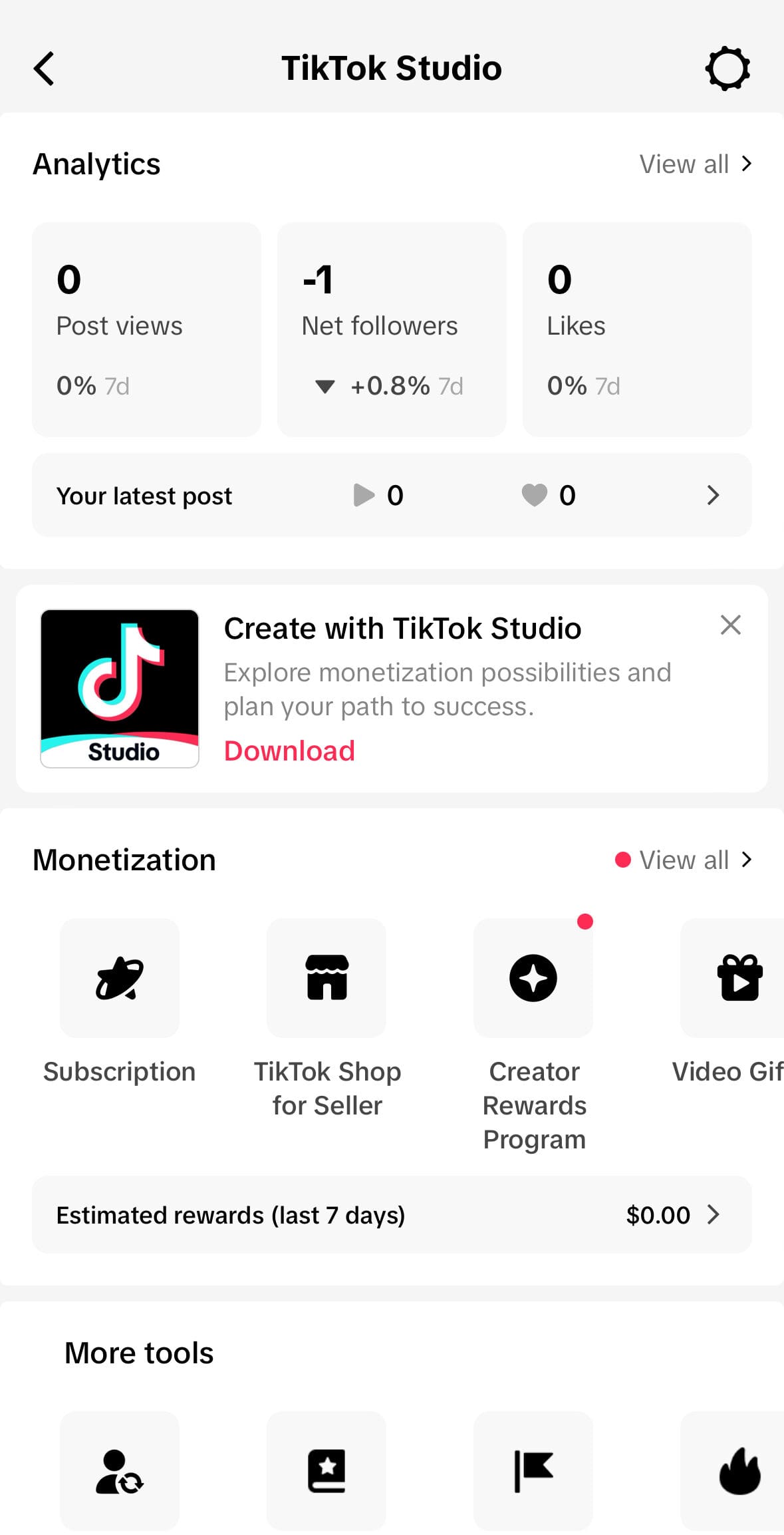 The first screen in the TikTok Studio. Analytics is listed at the top. There is a preview of post views, net followers and likes.