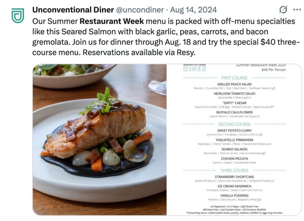  An X/Twitter post from Unconventional Diner featuring a plated seared salmon with vegetables, alongside a Summer Restaurant Week menu listing a three-course, $40 special.