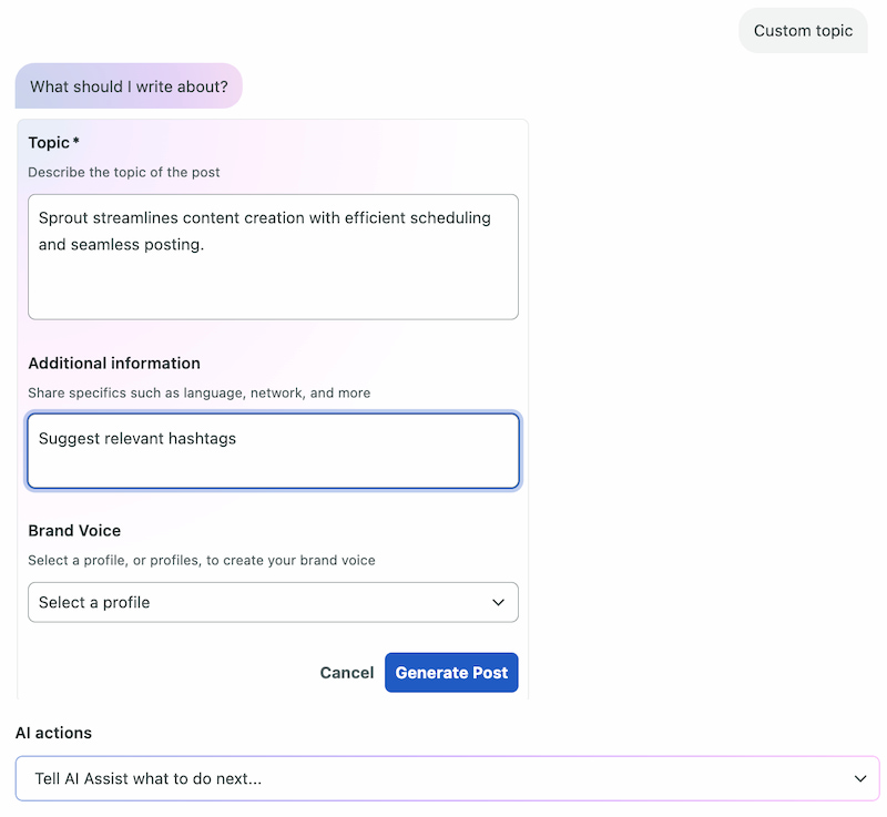 A screenshot showing using Sprout’s AI Assist to generate hashtags.