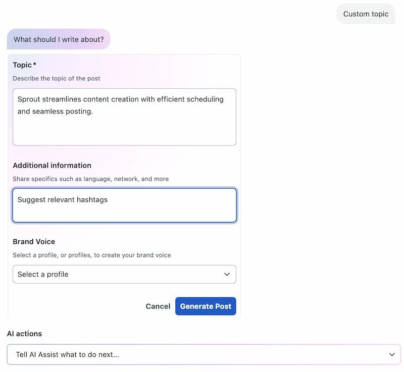 A screenshot showing using Sprout’s AI Assist to generate hashtags.