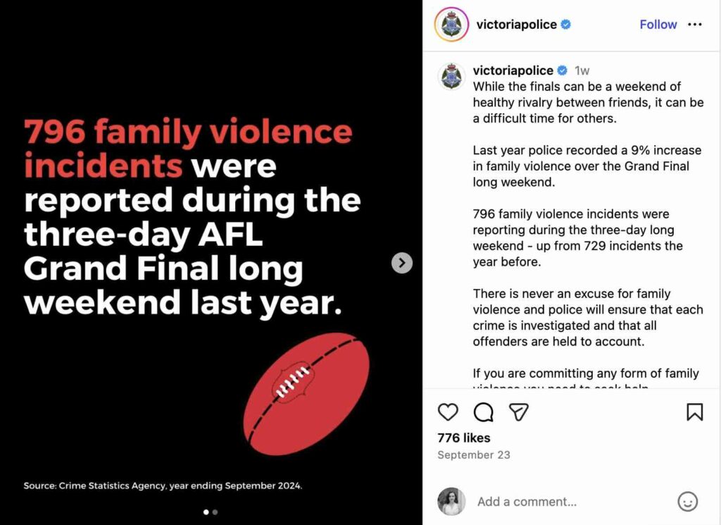 An Instagram Carousel PSA from Victoria Police about family violence incidents during sporting events