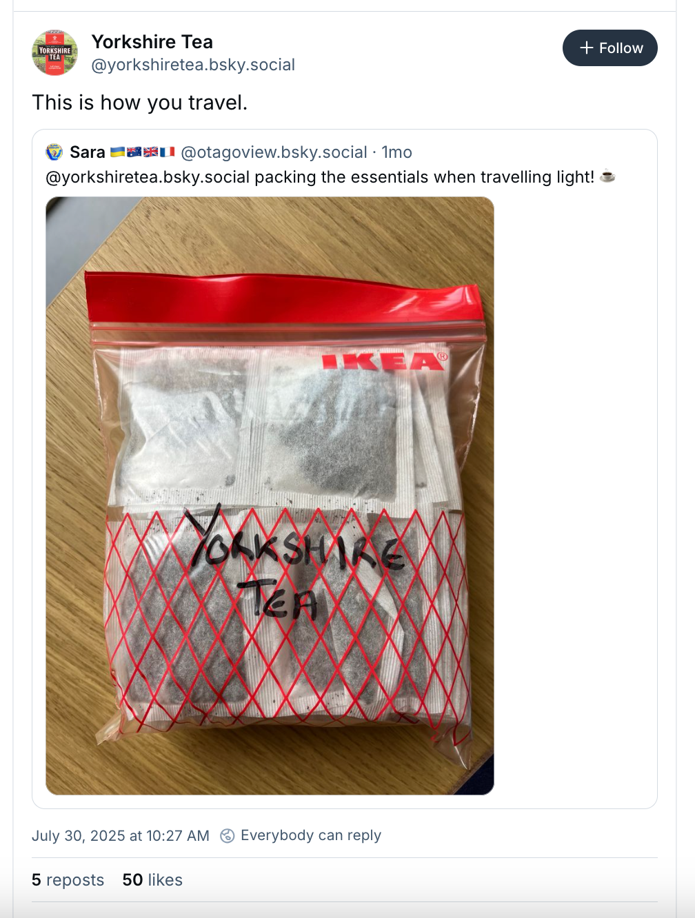 A Bluesky post from Yorkshire Tea