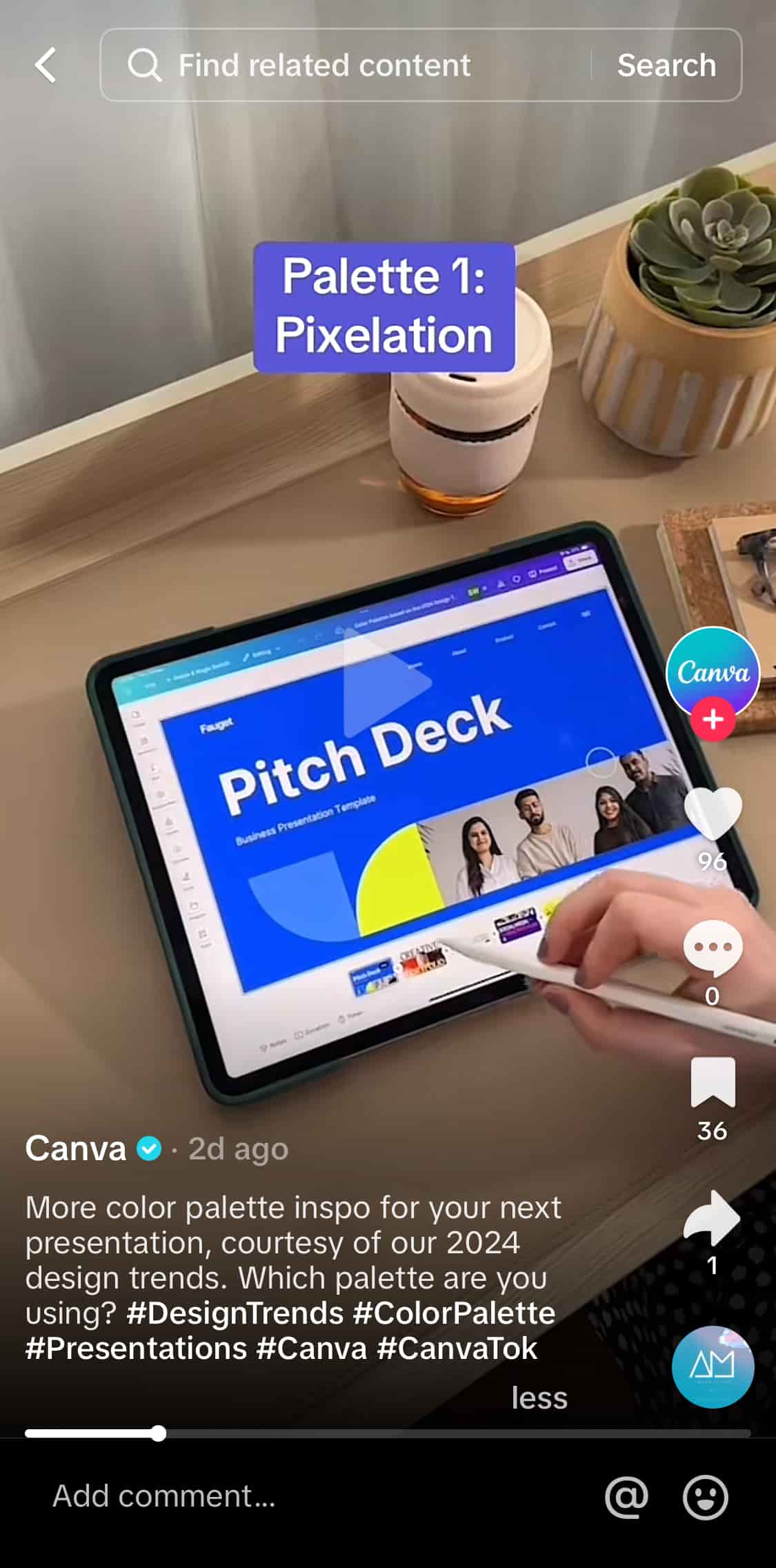 TikTok video by Canva showing an iPad with a pitch deck and caption about color palette trends.