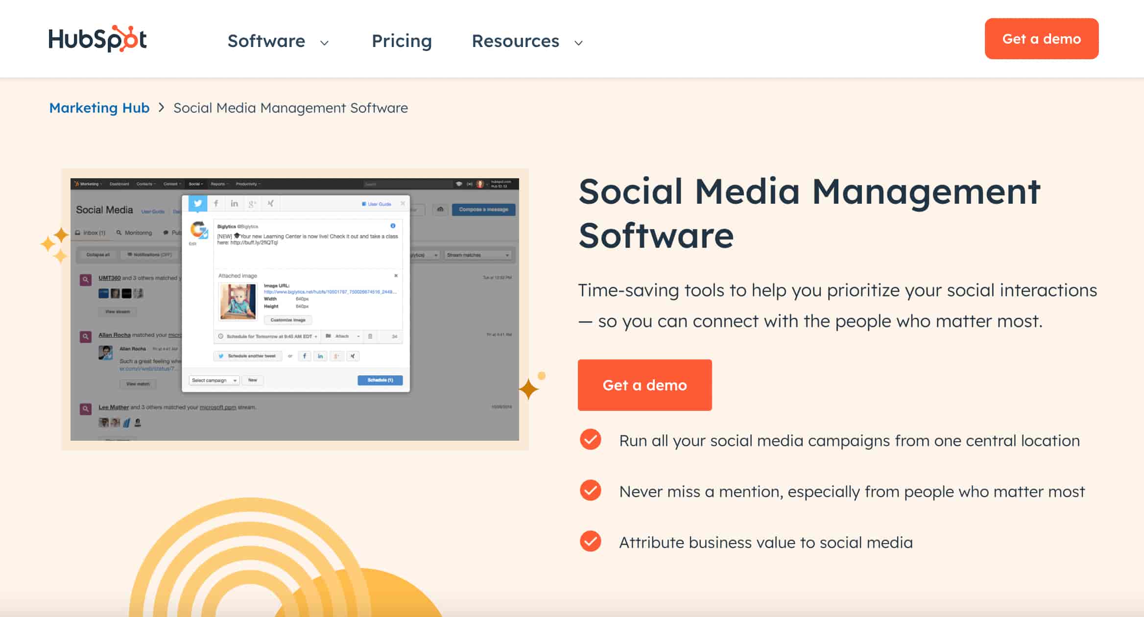 HubSpot social media management software page with a preview of the tool.