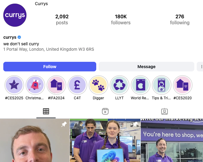 Currys’ Instagram account bio