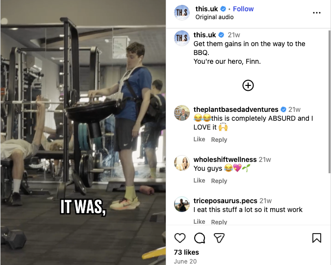 An Instagram reel depicting a man wearing a wearable BBQ offering food to strangers in the gym
