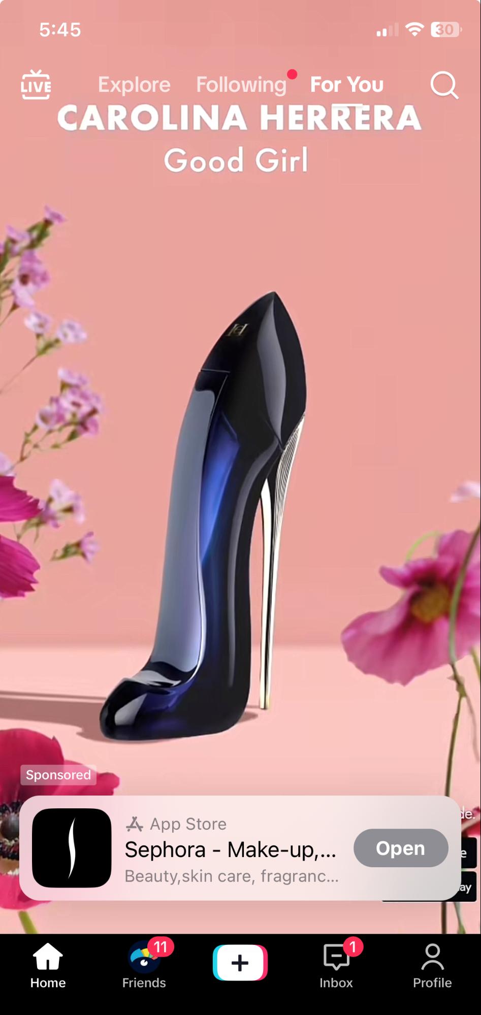 A Sephora TikTok video ad featuring the Carolina Herrera Good Girl perfume with the bottle shaped like a high-heeled stiletto