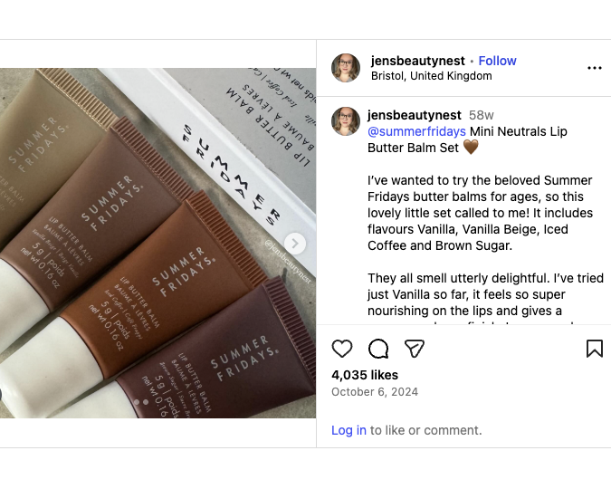 An Instagram post features four tubes of Summer Fridays lip balm with a caption expressing excitement about the products