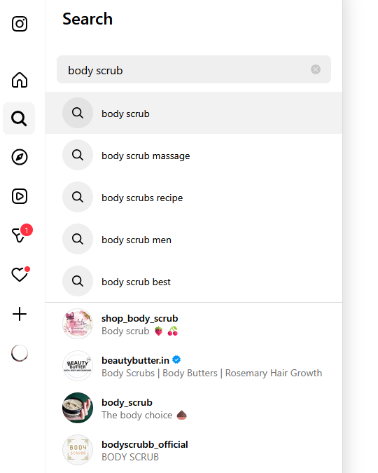 Instagram search results, including related search terms, for "body scrub"
