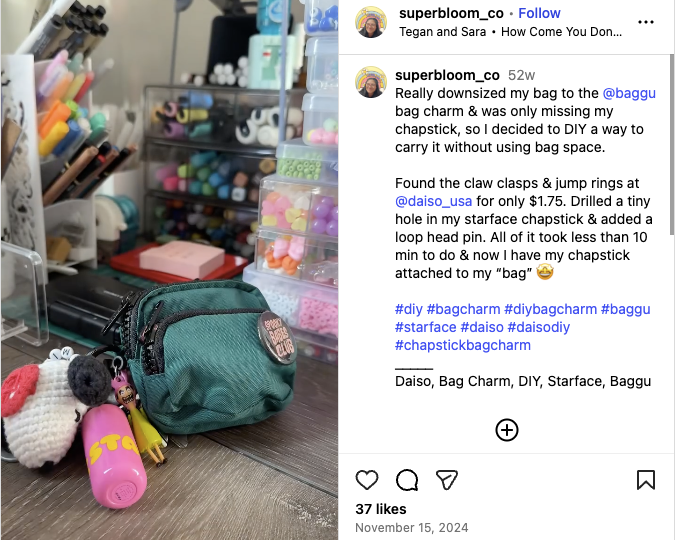 Reel showing a hand holding a pink Starface brand lip balm with a DIY hook and the brand commenting: This is so smart bff