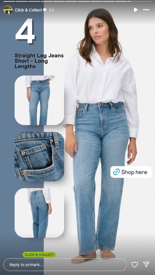 Primark Instagram Story shows a shoppable post with model in casual outfit, using click & collect shopping tactic.