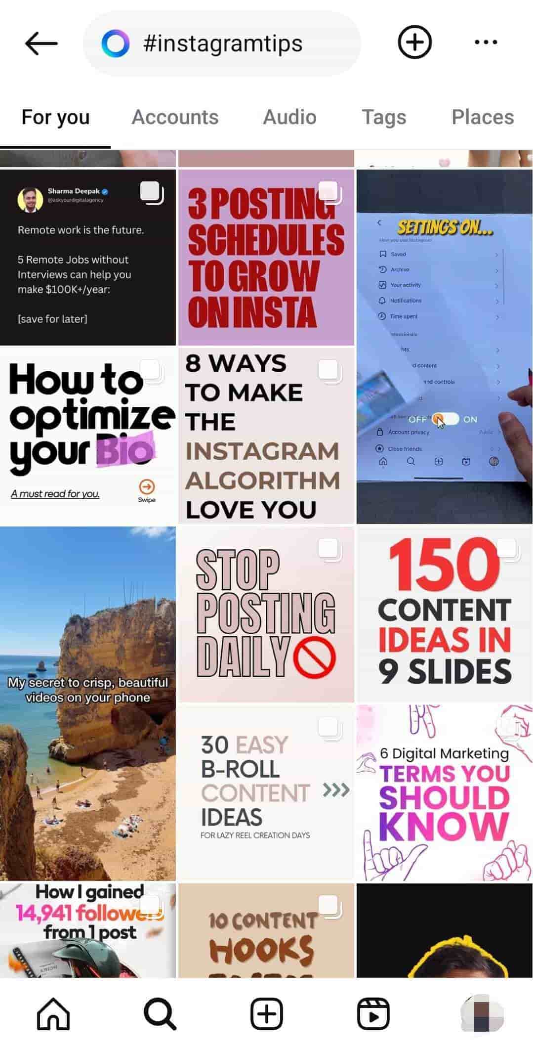 Screenshot of the Instagram results page for the hashtag #InstagramTips.