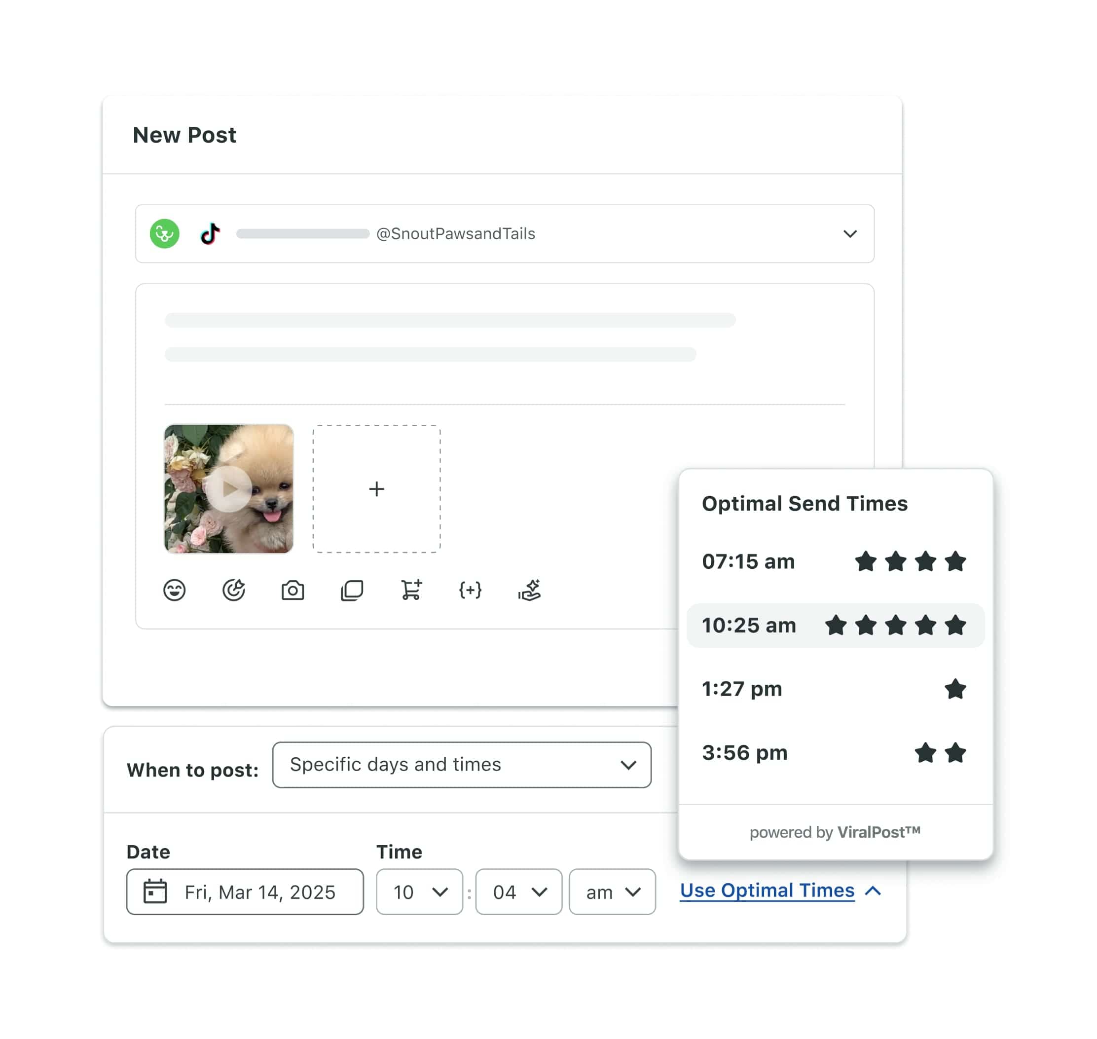 Graphic showing Sprout Social's Optimal Send Times feature for scheduling a TikTok video at the best recommended time for your brand.