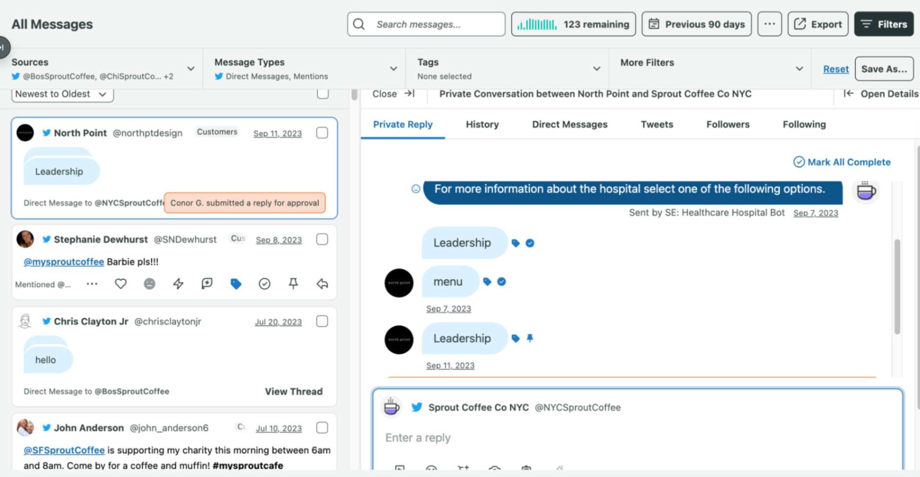Sprout Social inbox view showing healthcare chatbot replies, staff approval workflow and patient message history.