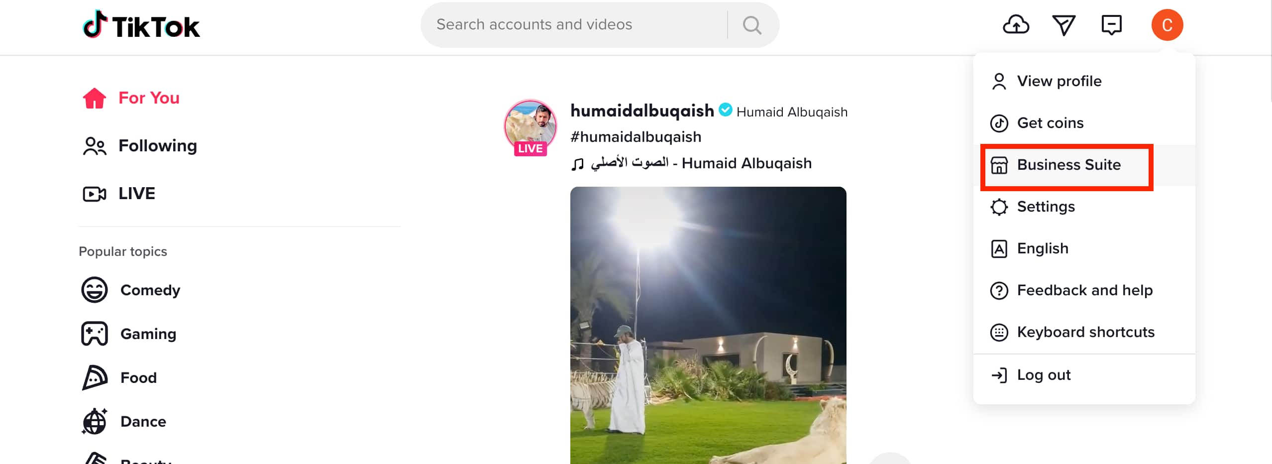 TikTok homepage with the Business Suite dropdown highlighted with a red box.