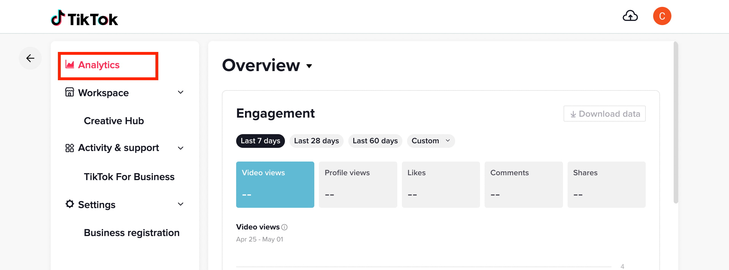 TikTok homepage with the Business Suite dropdown highlighted with a red box.