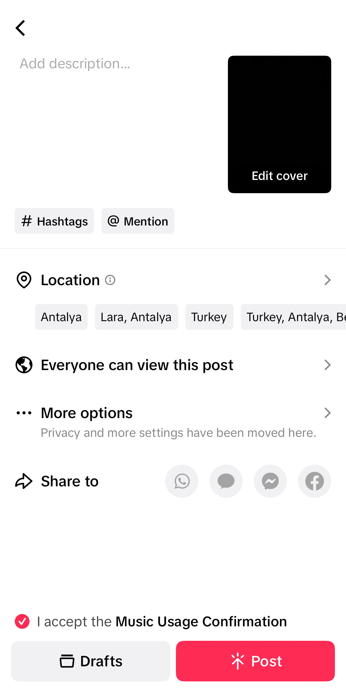 A screen showing TikTok Post Details with fields for description, hashtags, mentions, and location.