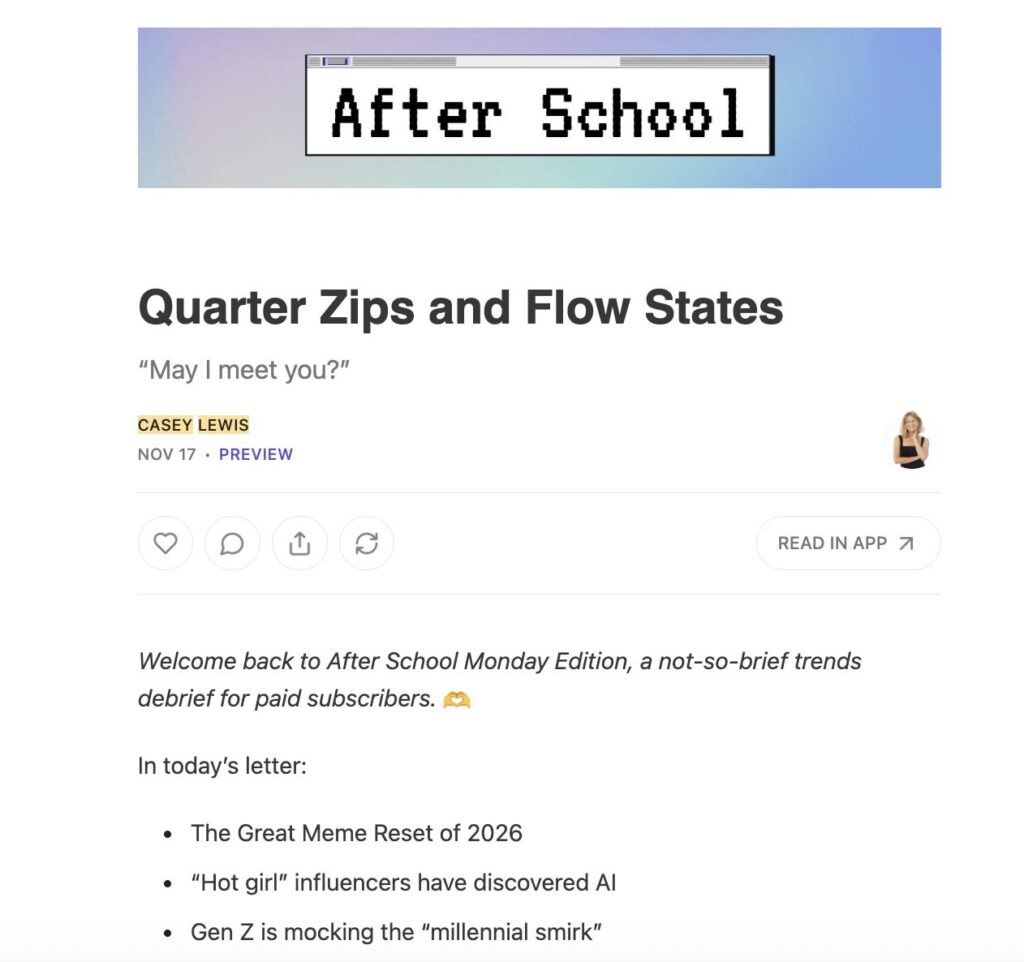 The After School Substack newsletter, an email that's sent every weekday