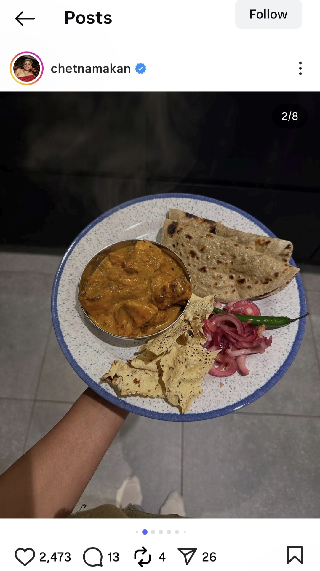 Image of curry with chapatis and vegetables on Chetna Makan's Instagram grid.