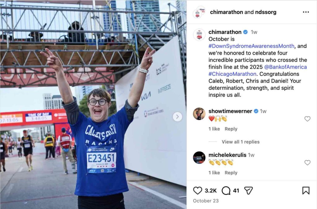 An Instagram Carousel from the Chicago Marathon and the National Down Syndrome Society about all of the organization's runners in the race with Down syndrome