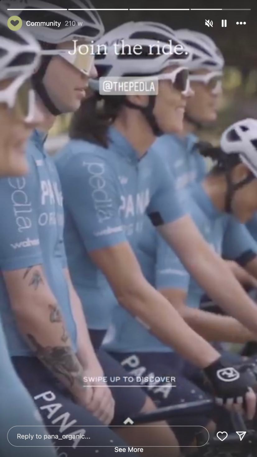 Pana Organic Instagram Story shows its team doing a 100km bike ride for charity.