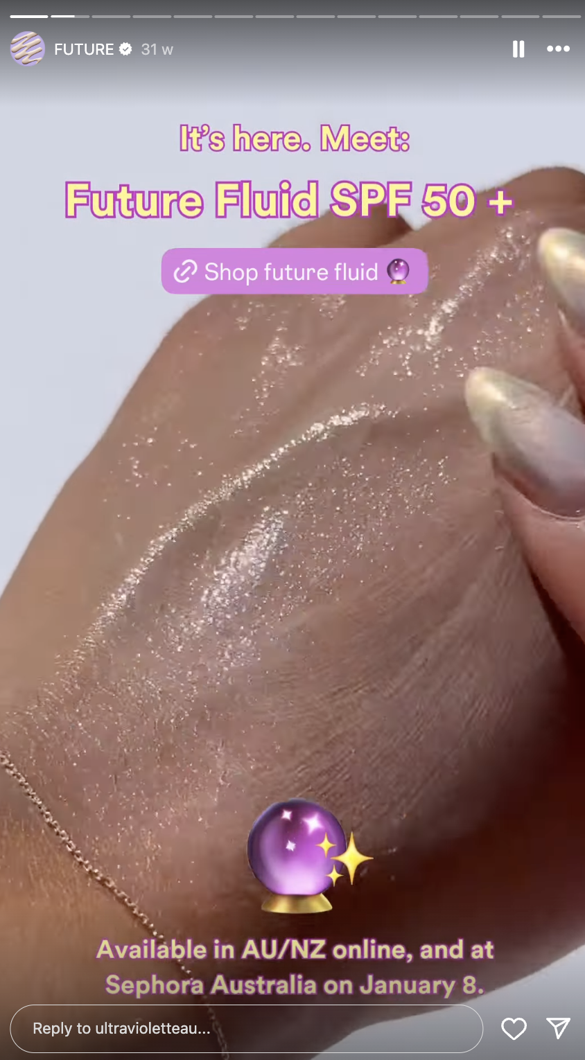 Ultra Violette Instagram Story shows a demo of how its sunscreen foundation works.