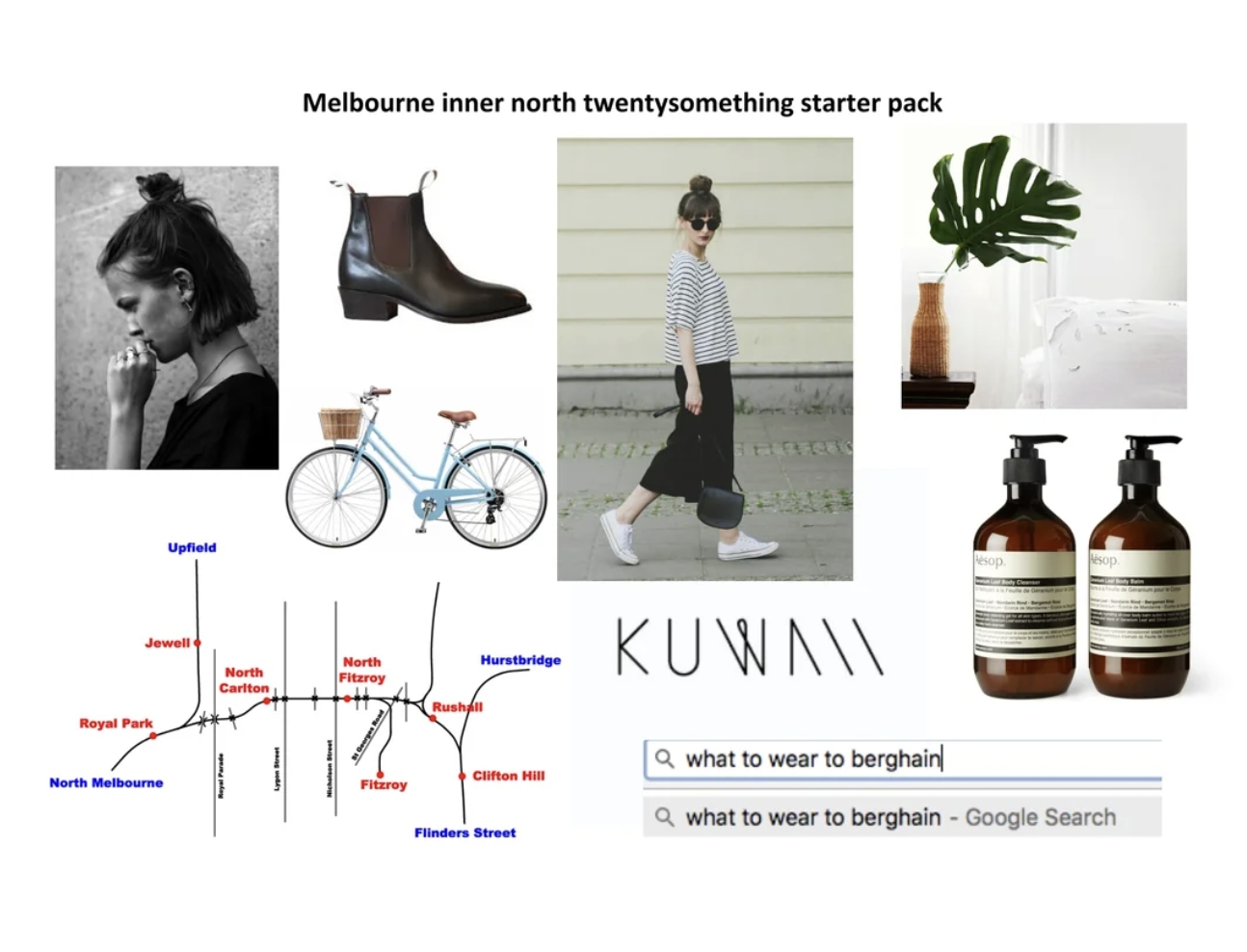 Meme shows a “starter pack” of clothing, hairstyles, products, and transport methods young Melburnians typically own.