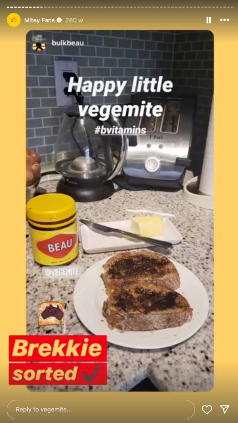 Vegemite repost of a follower’s Instagram Story shows Vegemite being used for breakfast in a typical Australian kitchen.