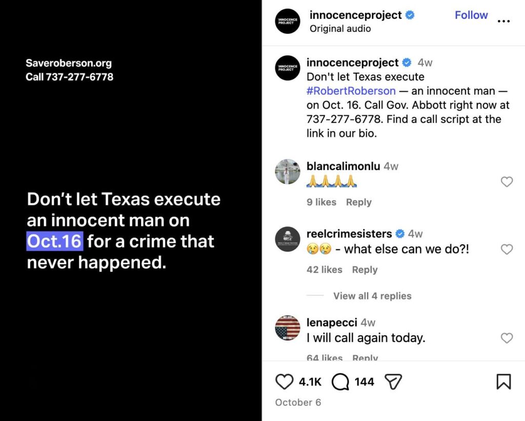An Instagram Reel from the Innocence Project that includes a plea from Robert Roberson and tangible steps to help prevent his execution