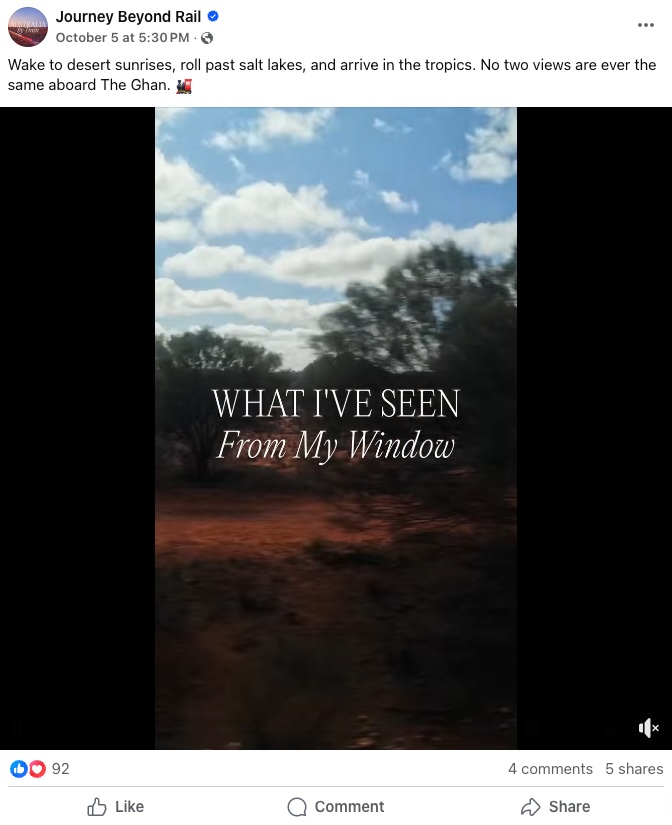 A Facebook post from Journey Beyond Rail that gives viewers a sampling of the views they’ll see out the window when they ride The Ghan.