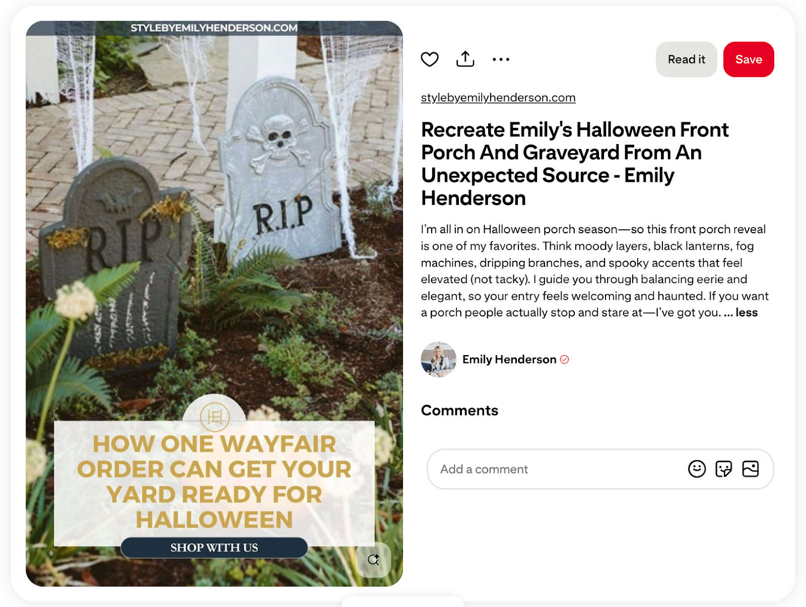 Pinterest influencer Emily Henderson teamed up with Wayfair for a Halloween décor campaign (“How one Wayfair order can get your yard ready for Halloween”)