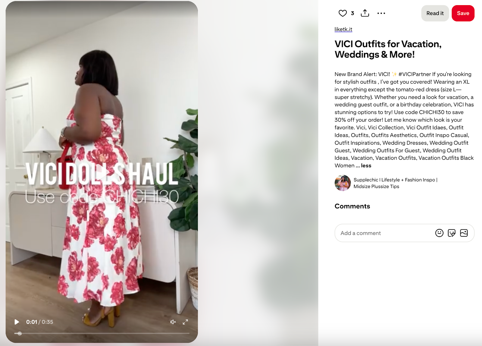 Pinterest influencer Supplechic partnered with fashion brand VICI for a try-on haul