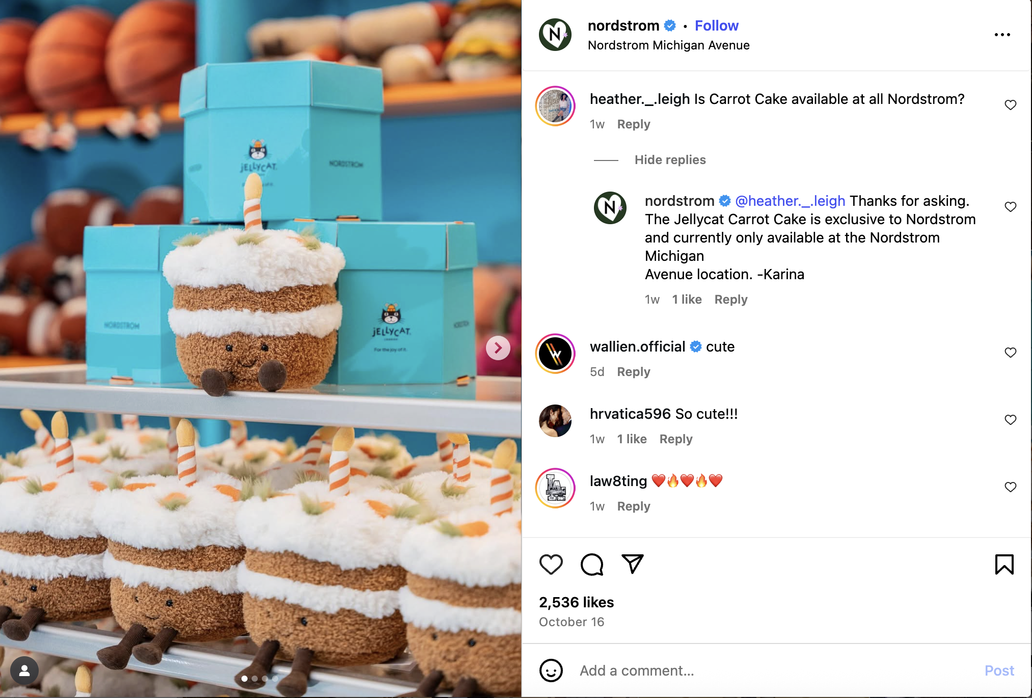 An Instagram post from Nordstrom announcing a new Jellycat plushie exclusive to their stores. Nordstrom is active in the comment section, replying to users' questions.