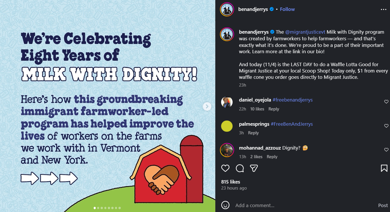Ben & Jerry’s use their socials for brand activism