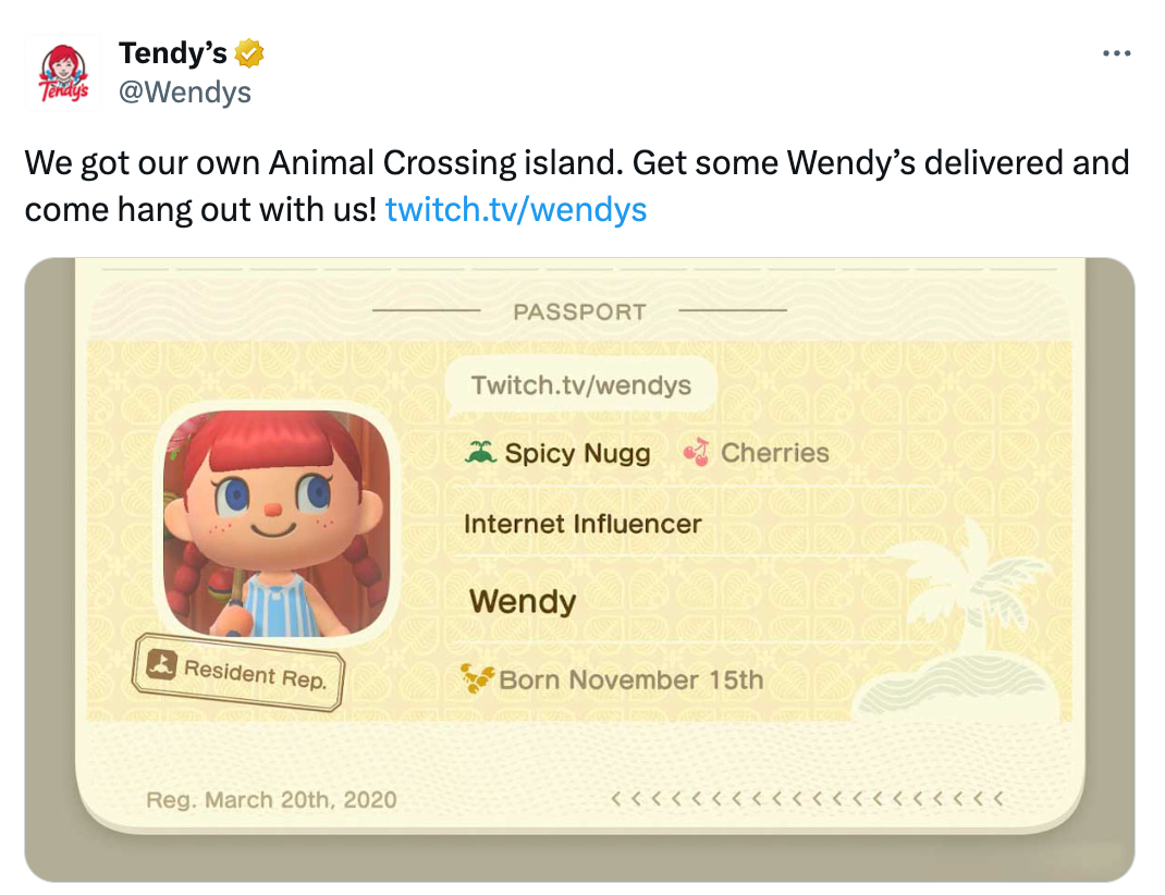Tweet by Wendy's highlighting their participating in Animal Crossing.