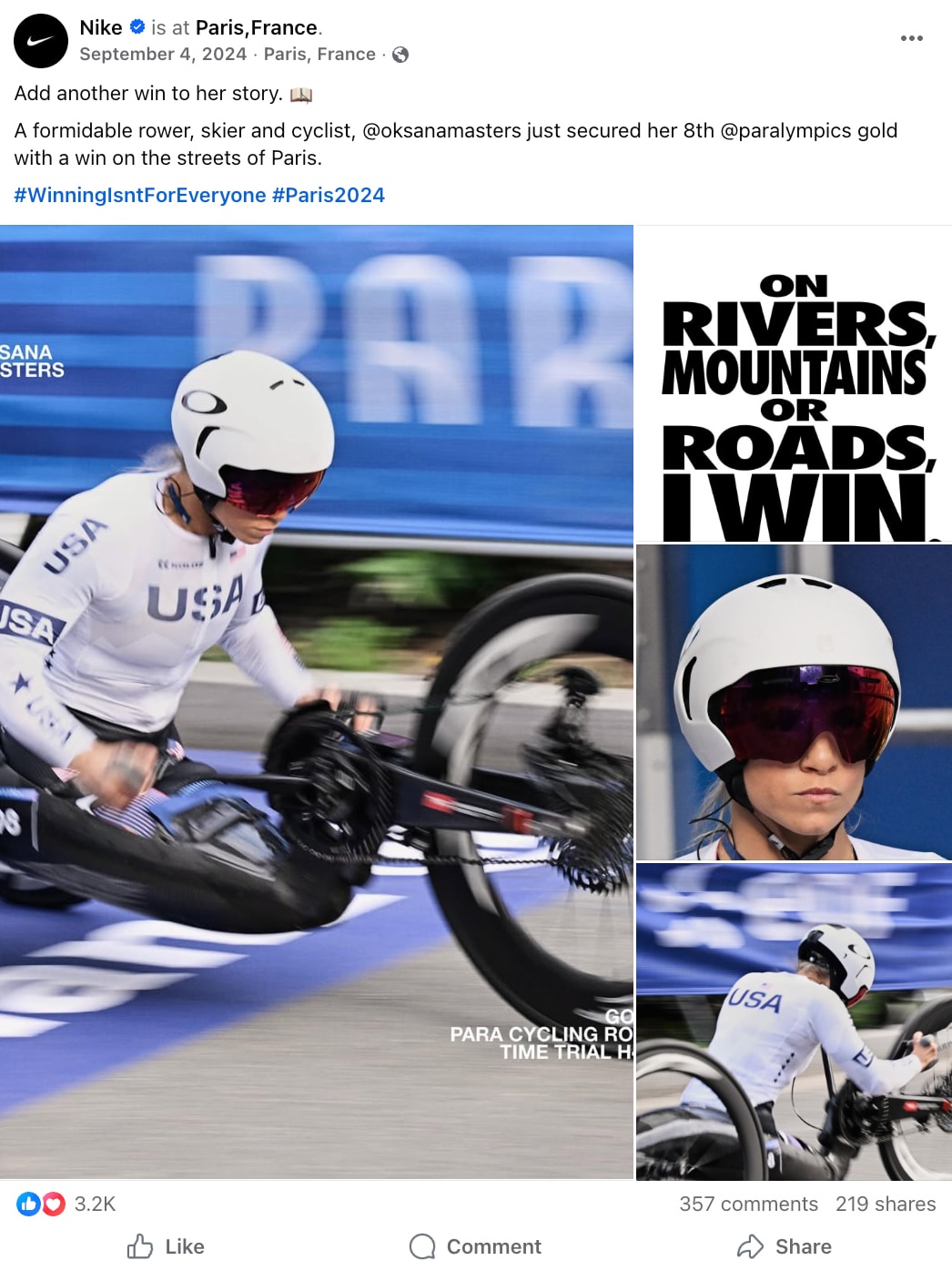 A Facebook post from Nike featuring paralympic cyclist Oksana Masters.
