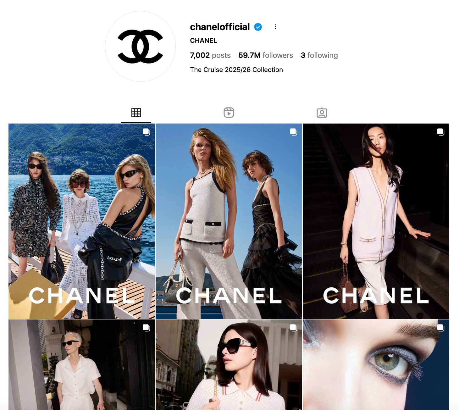 Chanel’s Instagram account photo grid as an example of visual storytelling.