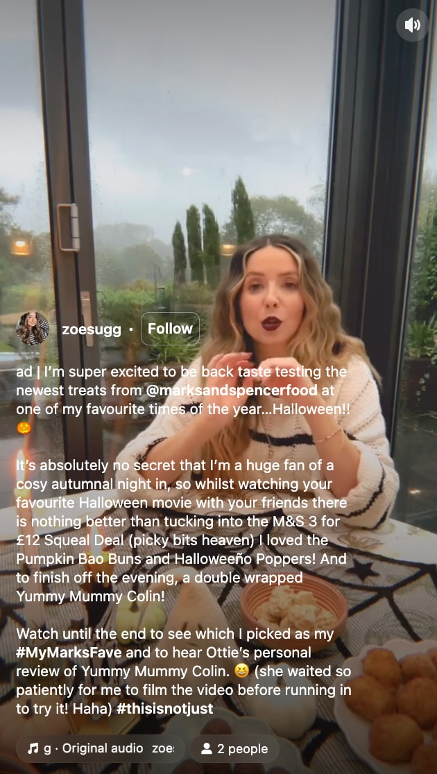 A sponsored post from Zoe Sugg promoted Marks & Spencer's seasonal Halloween treats.