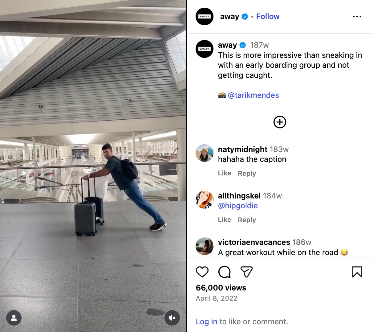 An Away Reel featuring artist Tarik Mendes stretching with his Away luggage.