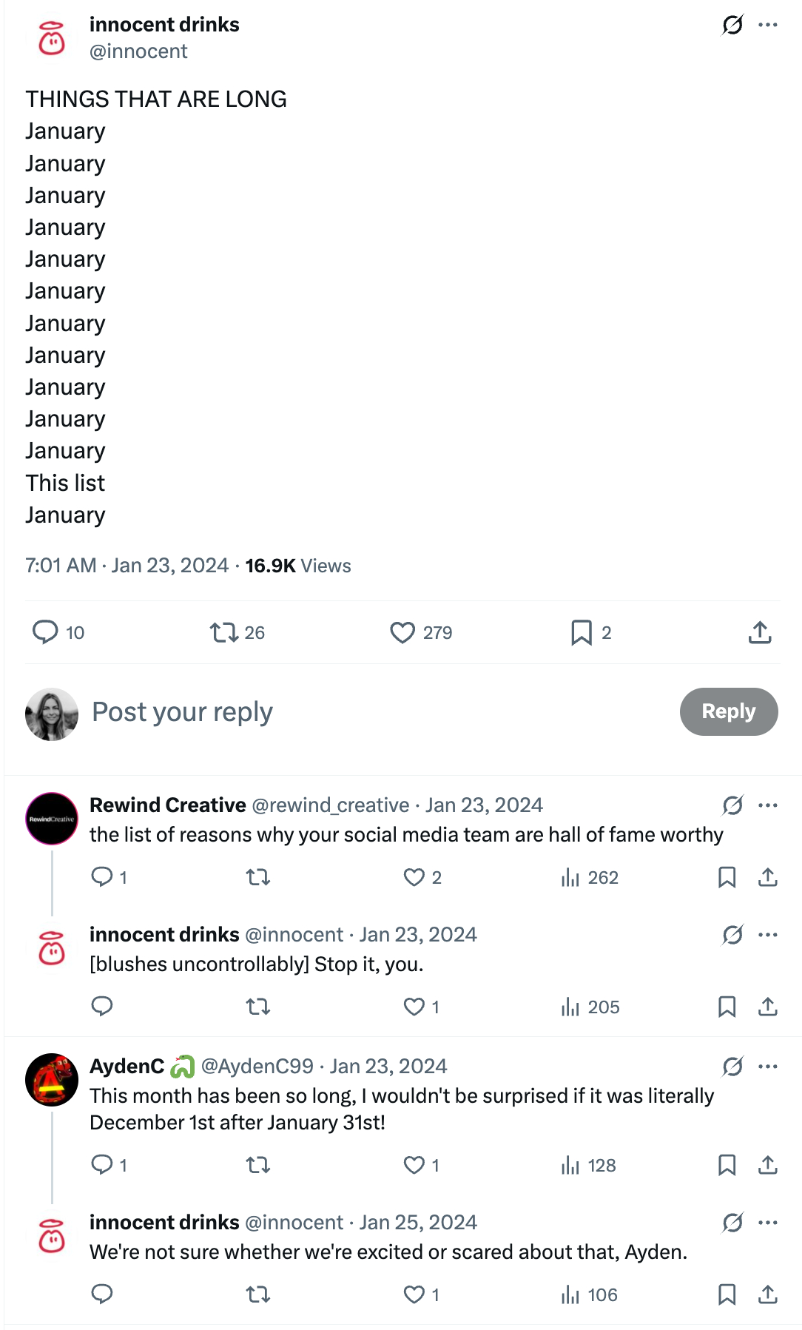 A post from Innocent Drinks that uses its quirky personality to get its audience engaged by using humor and tying into timely topics unrelated to its products.