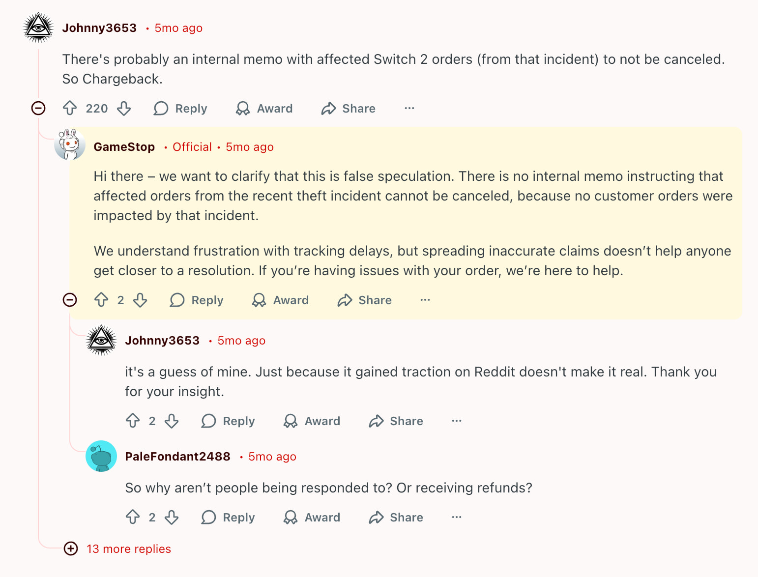 GameStop’s response on Reddit states that a user’s claim that the company charged for unsent pre-orders was false. 