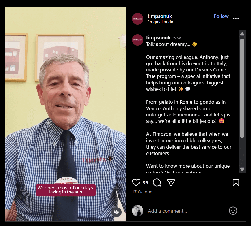 Timpson employee, Anton, explaining his dream Italy trip paid for by Timpson’s Dream Come True program